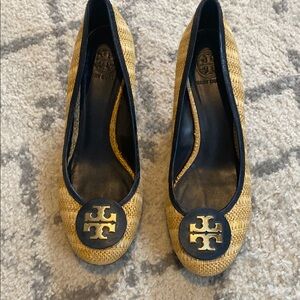 Tory Burch Blue Wedges with Gold Logo